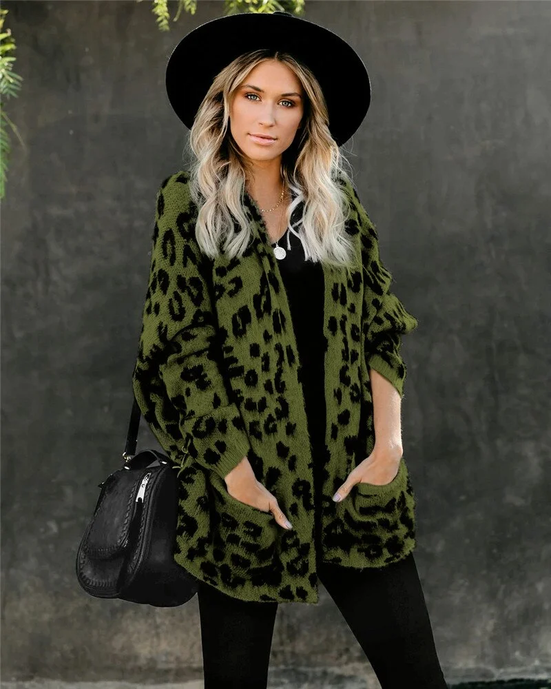 Fitshinling Pockets Leopard Winter Coat Long Cardigan Knitwear Boho Holiday Slim Knitted Cardigans Woman Clothing Sweaters 2020