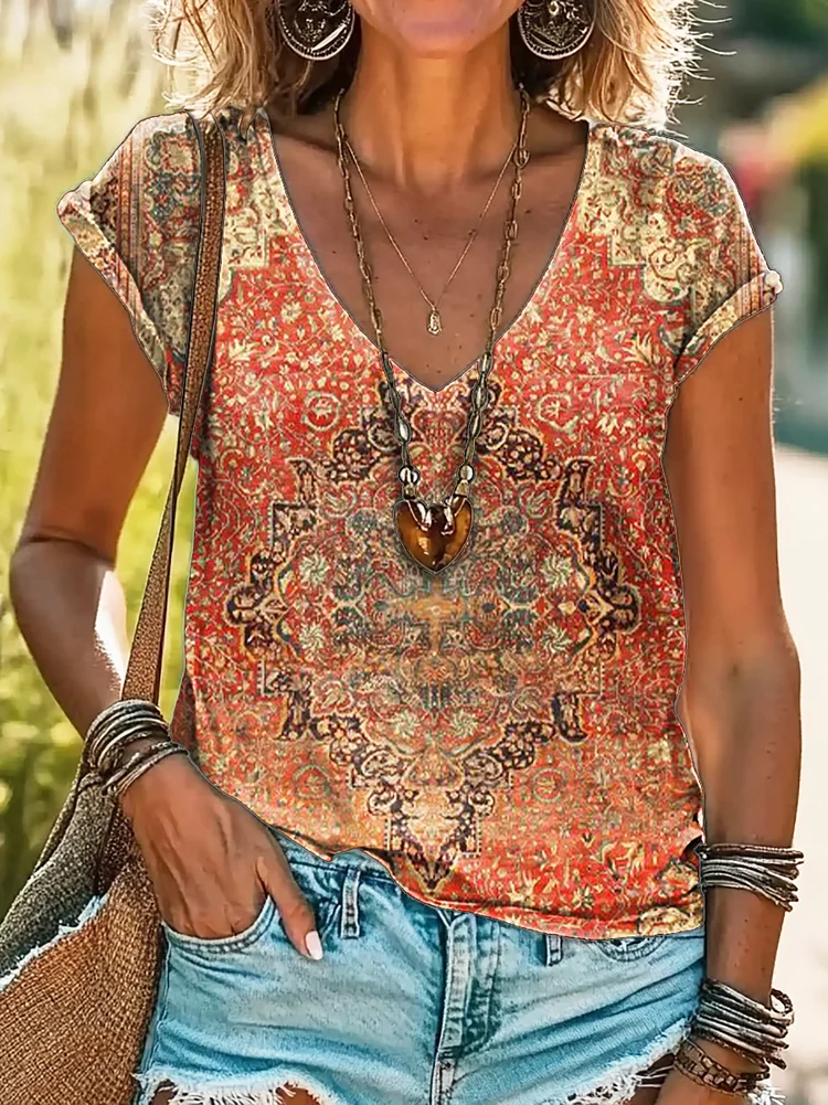 Women's Vintage Ethnic Style Art Print 100%Cotton V-neck T-Shirt