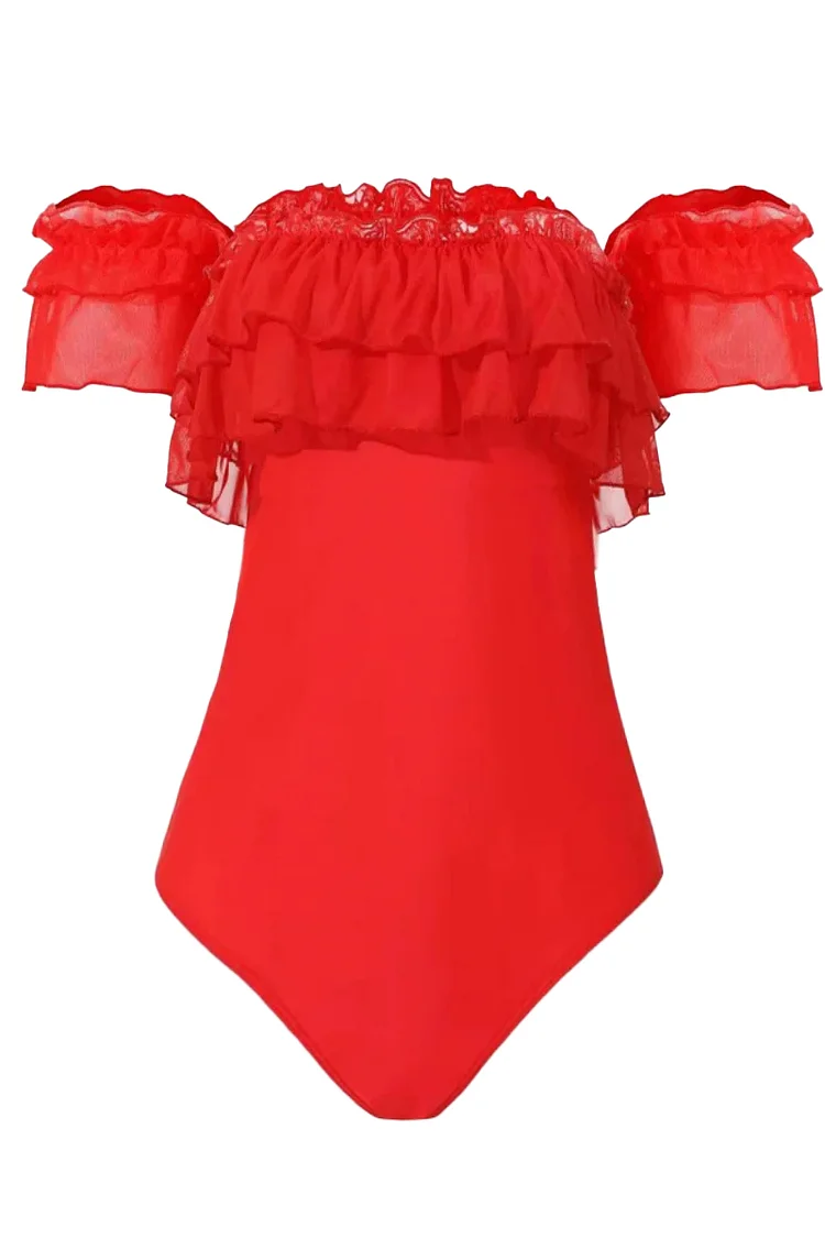 1950s Red Vacation Ruffle Mesh Off The Shoulder Swimsuit
