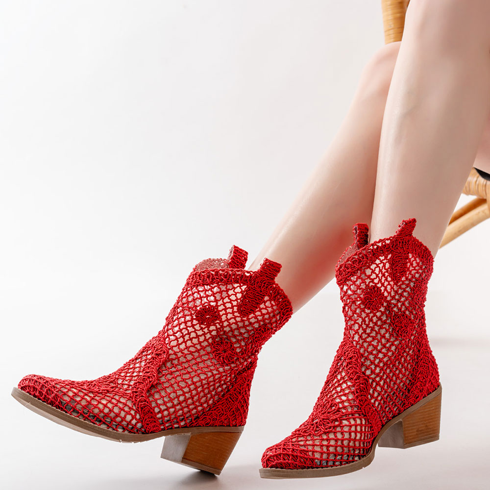Short Hollow-Out Pointed Toe Block Heel Flower Red Cowgirl Boots Nicepairs