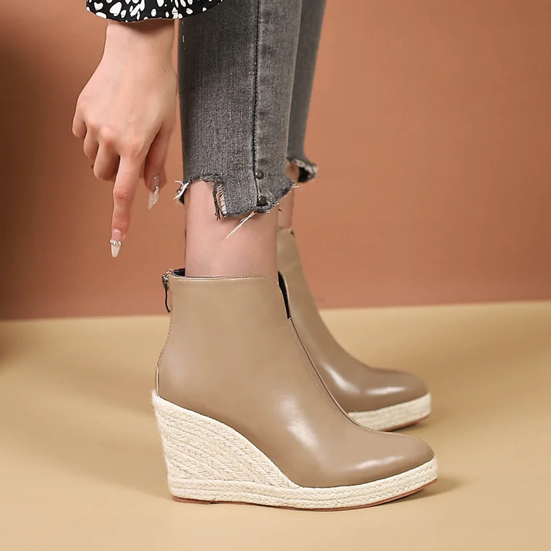 Wongn Wongn Martin Boots Thick Platform High Heel Pointed Fashion Short Boots Female Back Zipper Straw Hemp Rope Bottom