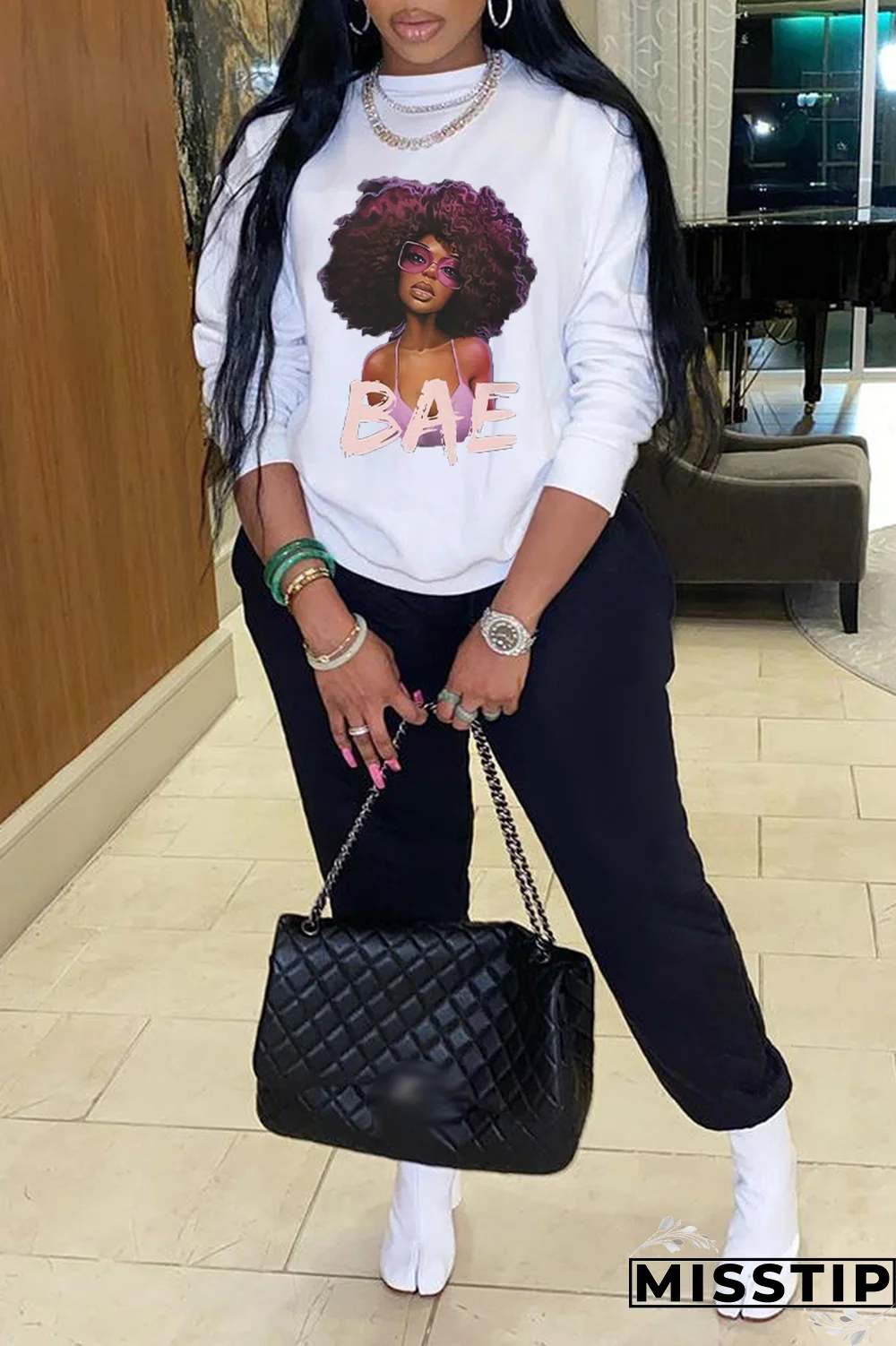 Black Vintage Print Letter O Neck Tops