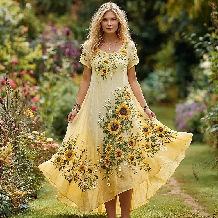🌻 Women's Sunflower Embroidered Boho Midi Dress 