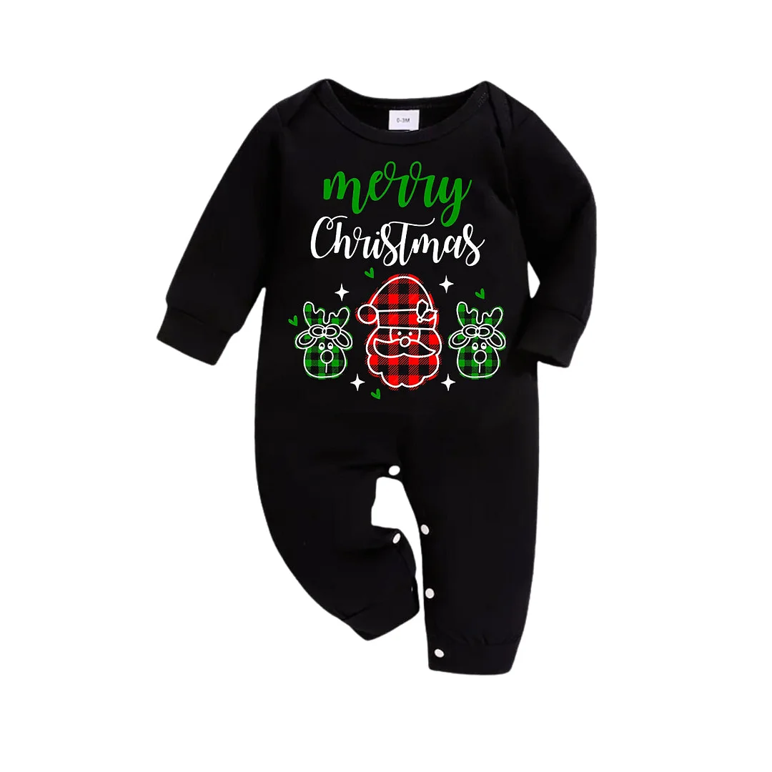 Santa Moose Cute Cartoon Pattern "Merry Christmas" Letter Prints Black Long Sleeves Top with Green and Black Classic Plaid Pants Family Matching Pajamas