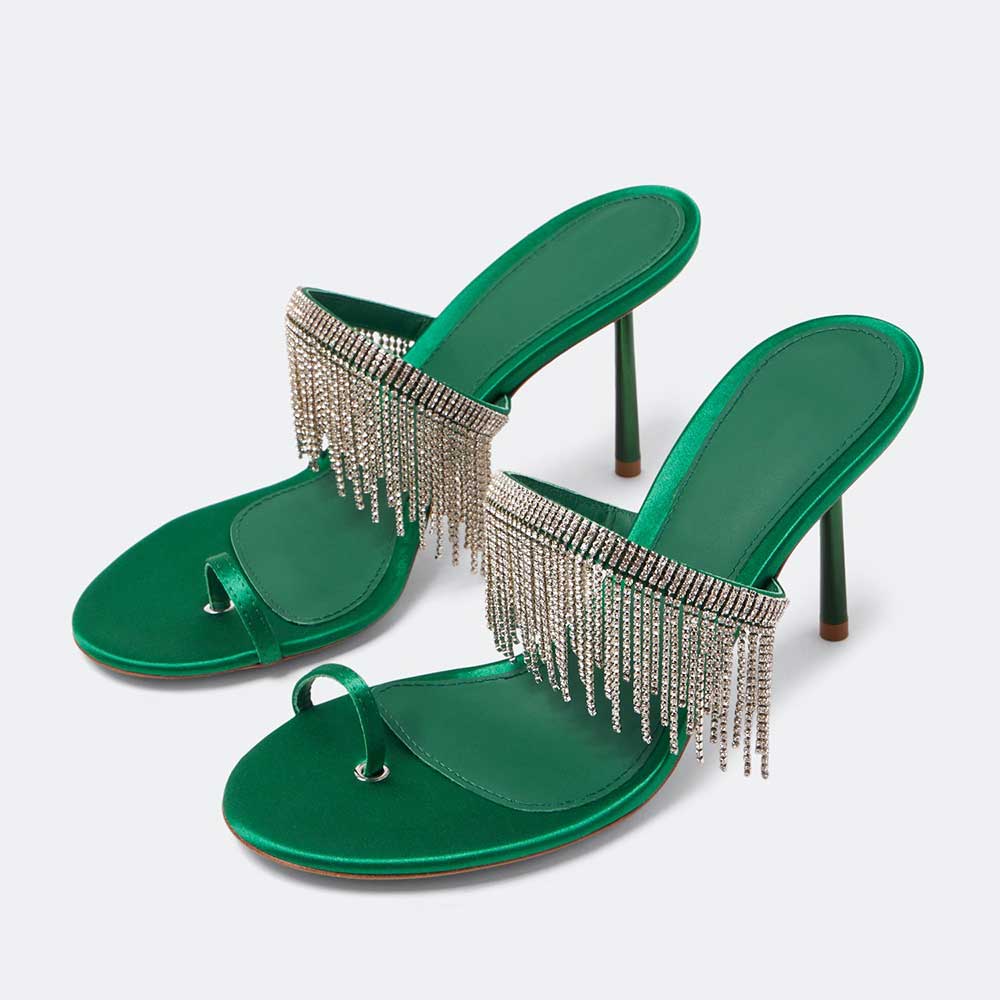 Green Satin Round Toe 4'' Stiletto Heel Rhinestone Embellished Mules Nicepairs