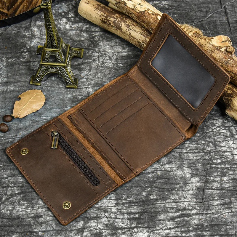 Pongl Designer wallet men luxury men genuine leather wallet card holder short purse leather wallet with iron chain trifold