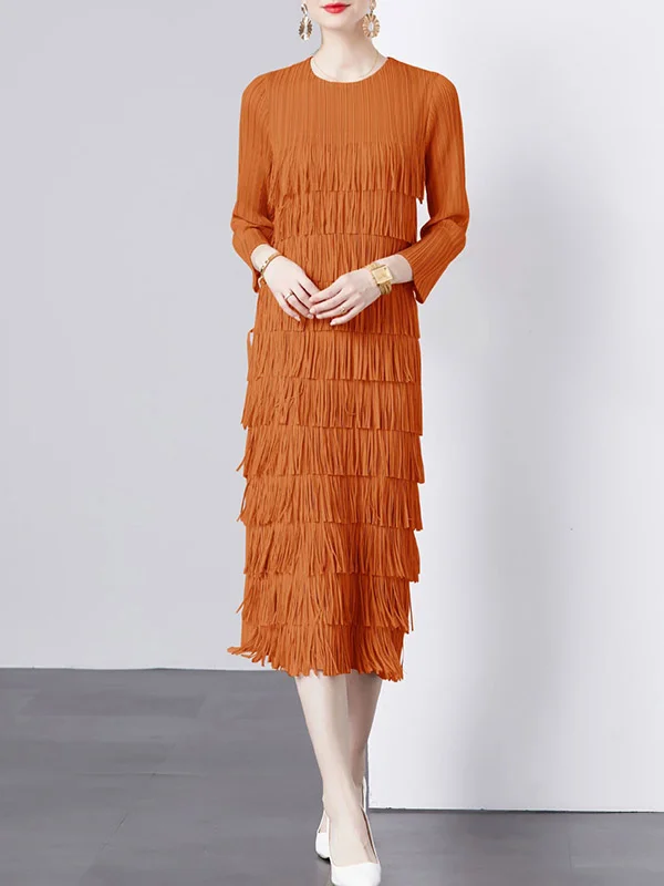 Long Sleeves Loose Pleated Solid Color Split-Joint Tasseled Round-Neck Midi Dresses