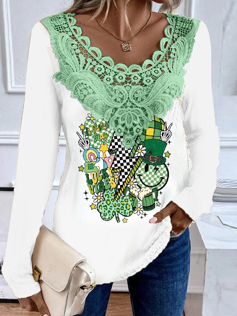 Women's Long Sleeve Scoop Neck Graphic Lace Top