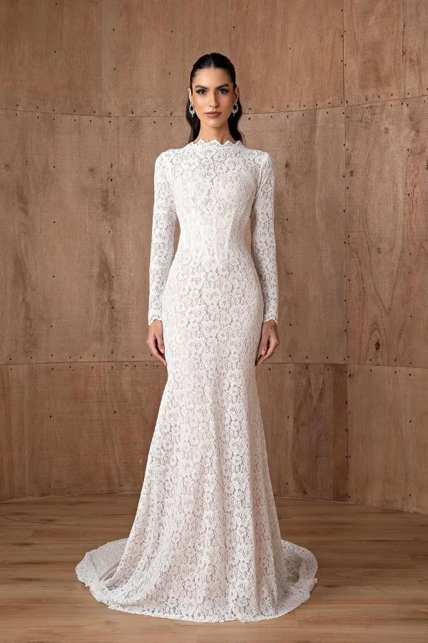 White Long Sleeves Lace Mermaid Wedding Dress ZT0216