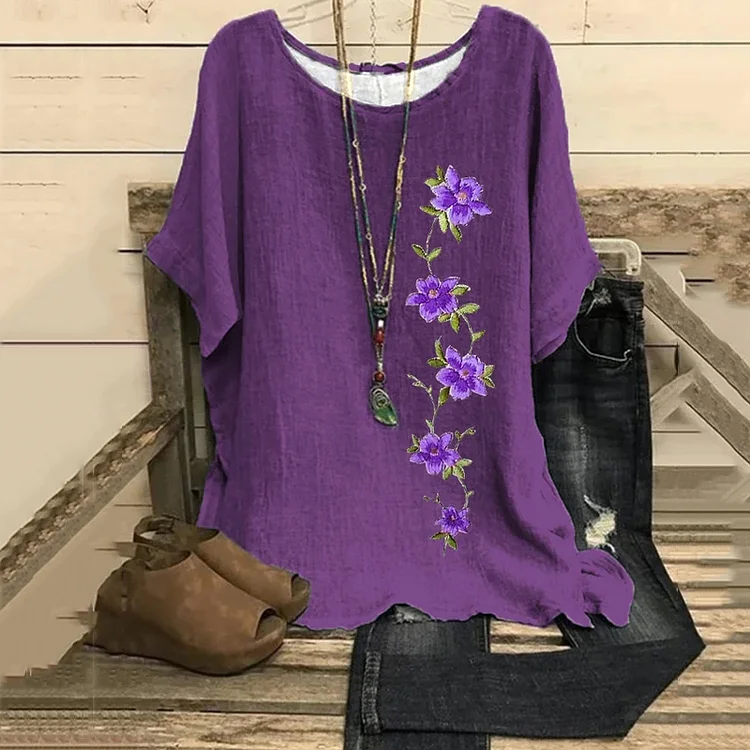 VChics Women's Purple Flower Art Round Neck Short Sleeve Shirt