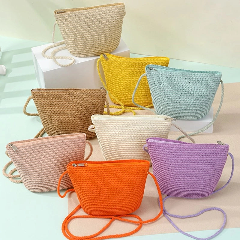 Women's Straw Solid Color Beach Weave Square Zipper Flip Cover Straw Bag