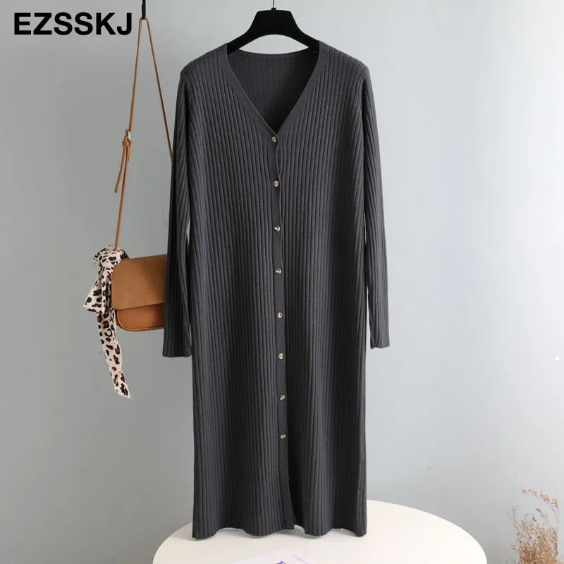 autumn winter v-neck STRAIGHT sweater dress chic oversize loose knit dress women long dress Female  chic sweater maixt dress