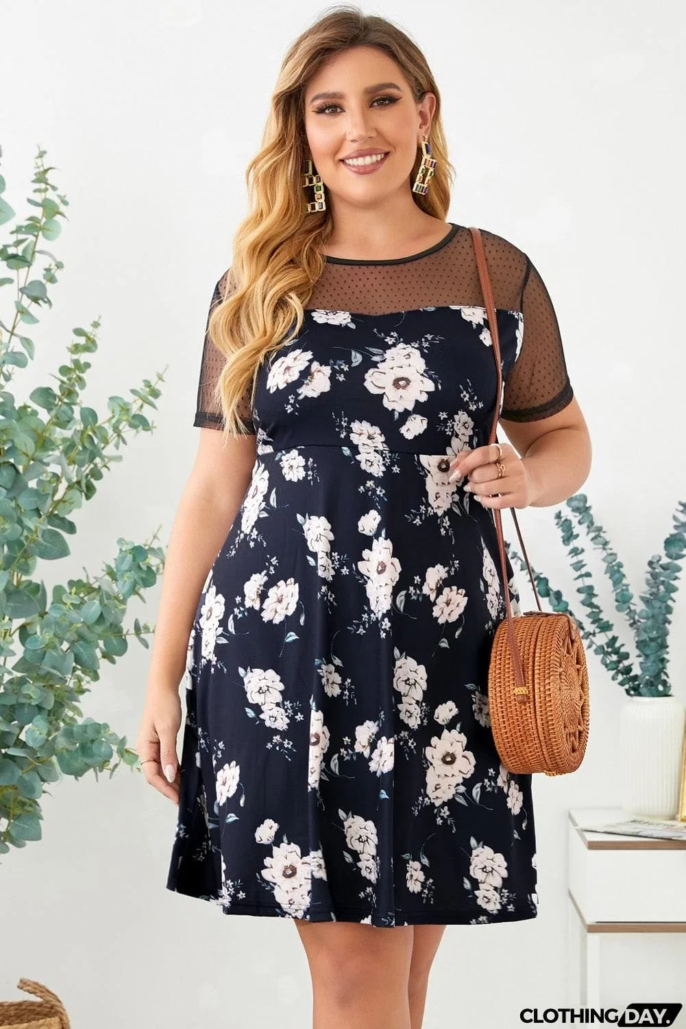 Plus Size Floral Polka Dot Mesh Yoke Dress