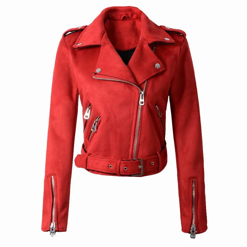 FTLZZ Women Faux Suede Jacket Coats Motorcycle Zipper Turndown Collar Faux Soft Leather Overcoat Female Black Punk Short Jacket