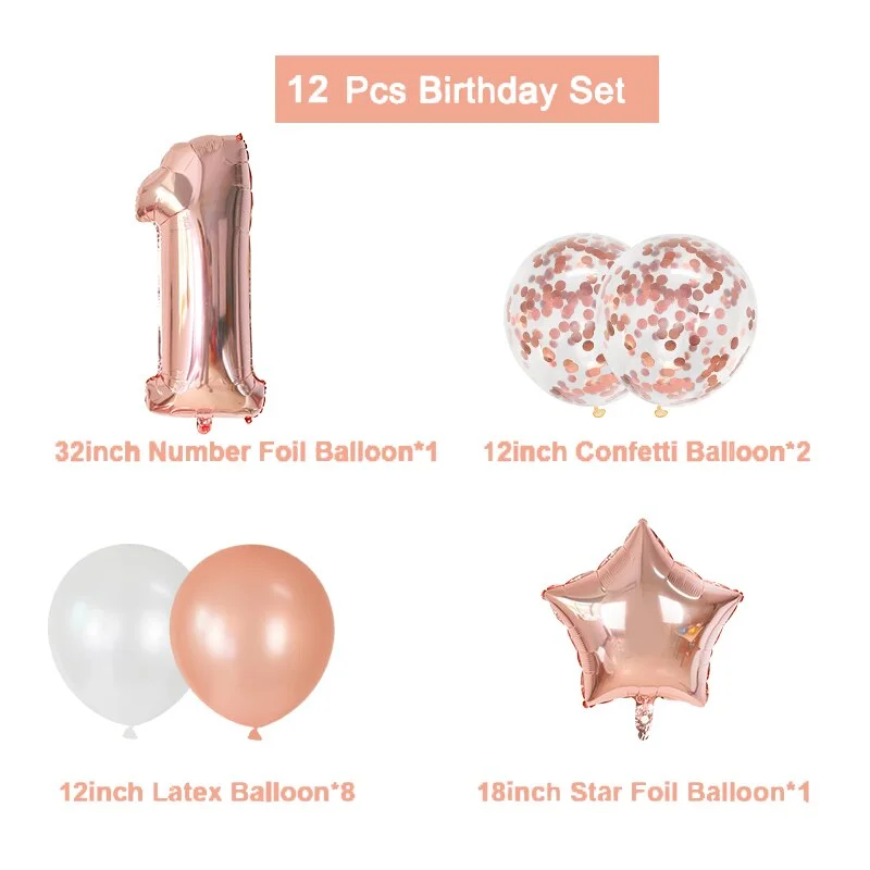 12Pcs Rose Gold Number Foil Latex Balloons Kids Adult Birthday Party Decoration 1st Birthday Gril Boy Decor Baby Shower Balloon