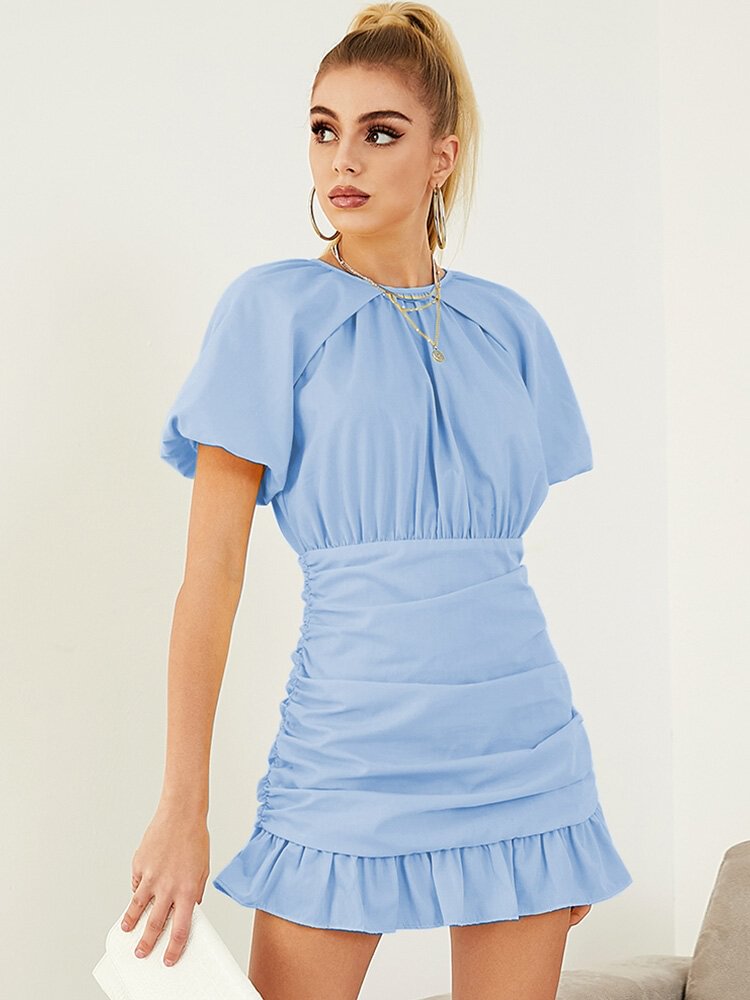 Solid Puff Sleeve Folds Ruffle Short Sleeve Casual Dress - BlackFridayBuys