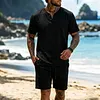 Men's Casual Linen Henley T-Shirt And Shorts Set by Inlyline