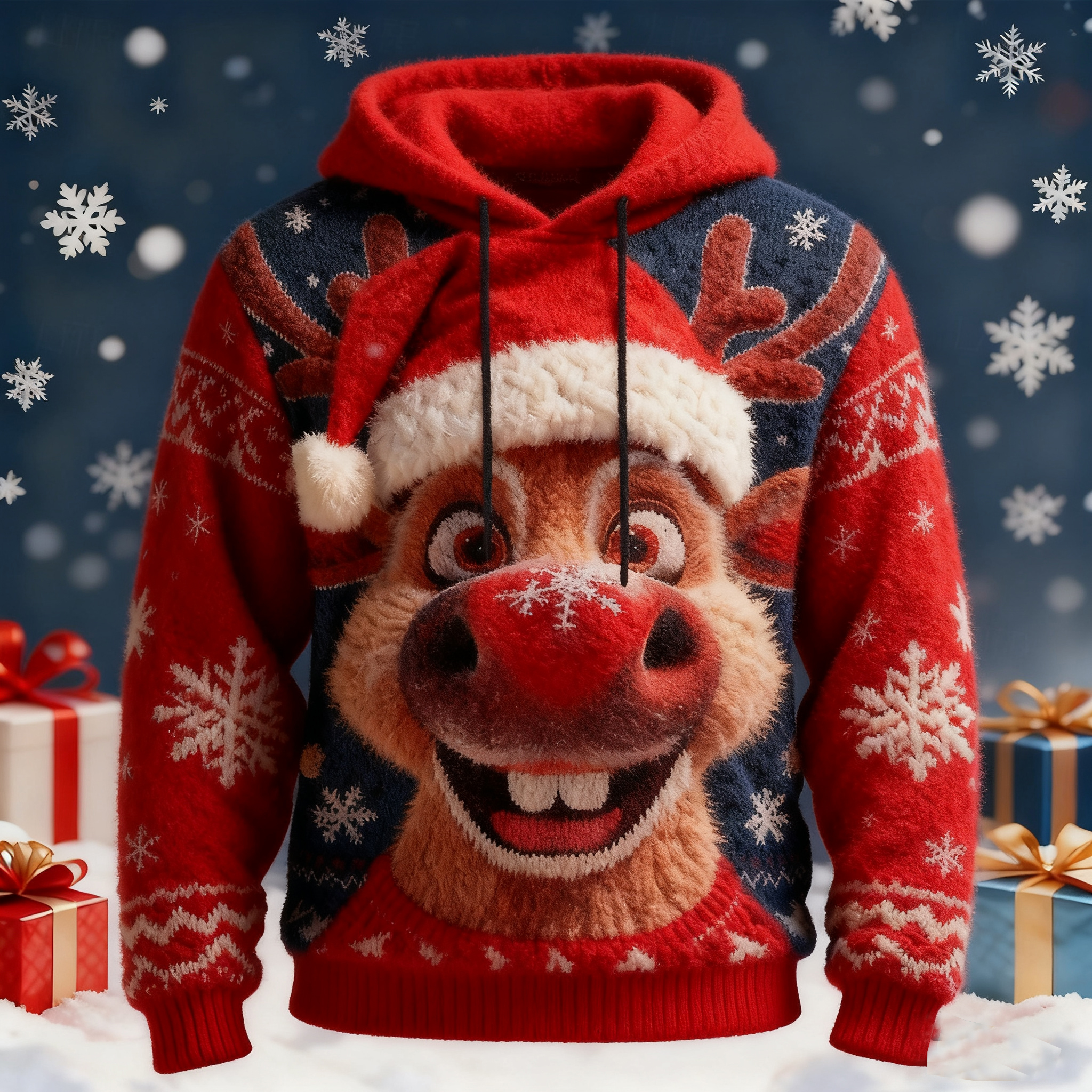 Men's Vintage Christmas Elk Art Cozy Plush Ugly Hooded Sweater elevenforest