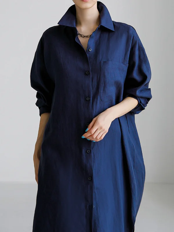 Lapel Shirt Dress: Long Sleeves, Solid Color, Split-Side Detail, Midi ...