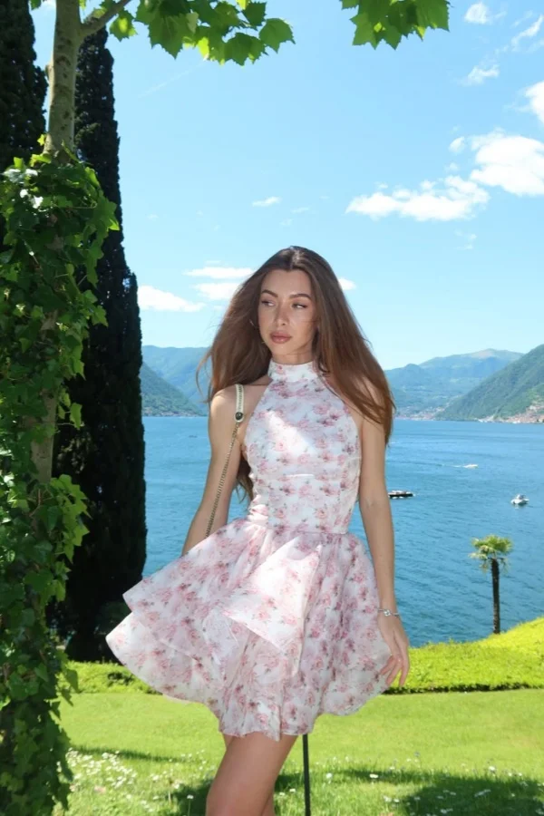 Girly Halter Sleeveless Pink Printed Tiered Ruffle Homecoming Dress YK0143