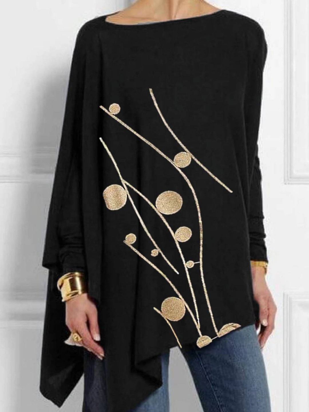 Women Casual Long Sleeve Scoop Neck Polka Dot Printed Irregular Hem Top