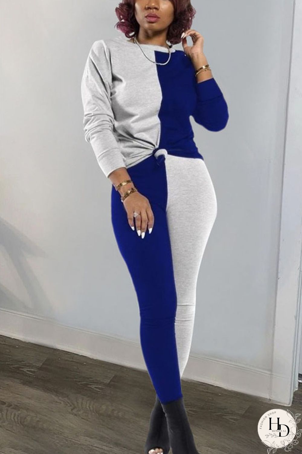 rose red and blue Polyester Sexy Patchwork Solid pencil Long Sleeve Two Pieces