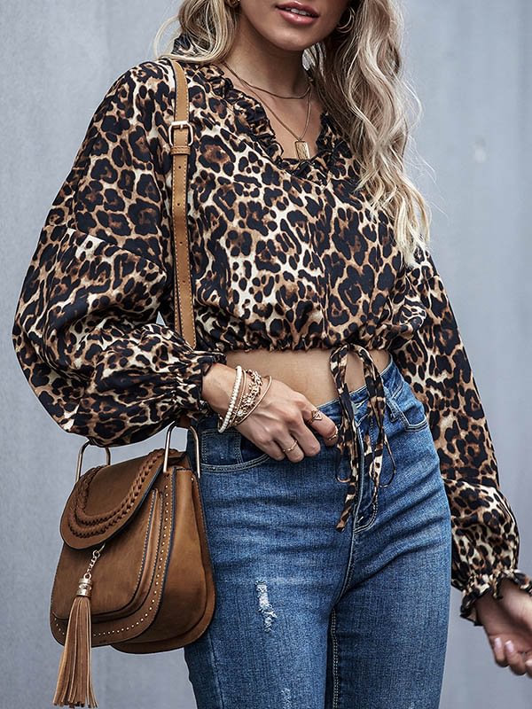 Leopard Print Ruffled Puff Sleeves Bohemia Shirt Tops