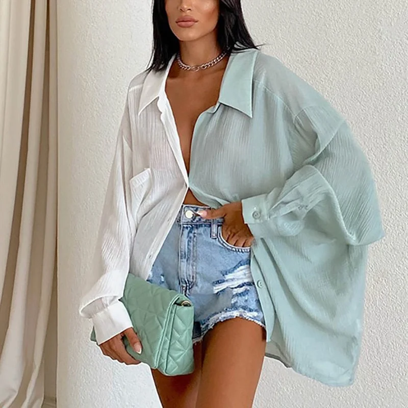 Patchwork Turn-down Collar Oversize Women Blouse Pink Long Sleeve Button Loose Fashion Tops Ladies Pocket Casual Outwear
