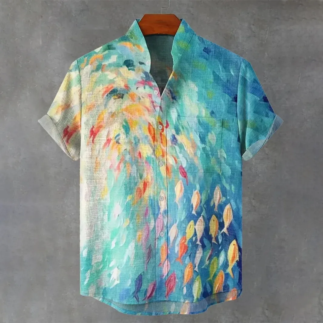 Men's Retro Gradient Fish Print Casual Linen Blend Shirt  artssus