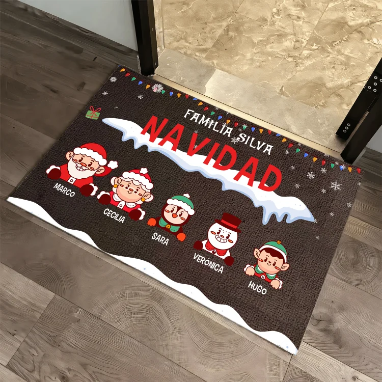 Navidad-felpudo/alfombra de entrada familia de 3-14 personalizado con nombres y figuras con 2 textos
