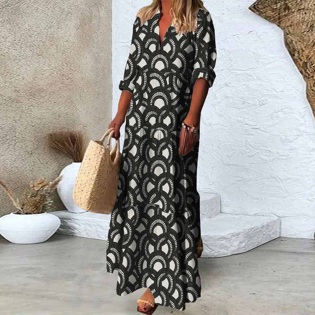 Women Floral, Black, White DZDN0141 SPU Printed Long Sleeve V-neck Maxi Dress