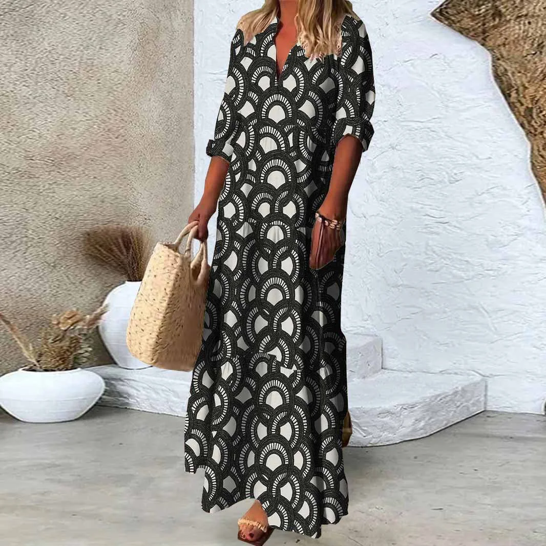 Women Floral, Black, White DZDN0141 SPU Printed Long Sleeve V-neck Maxi Dress