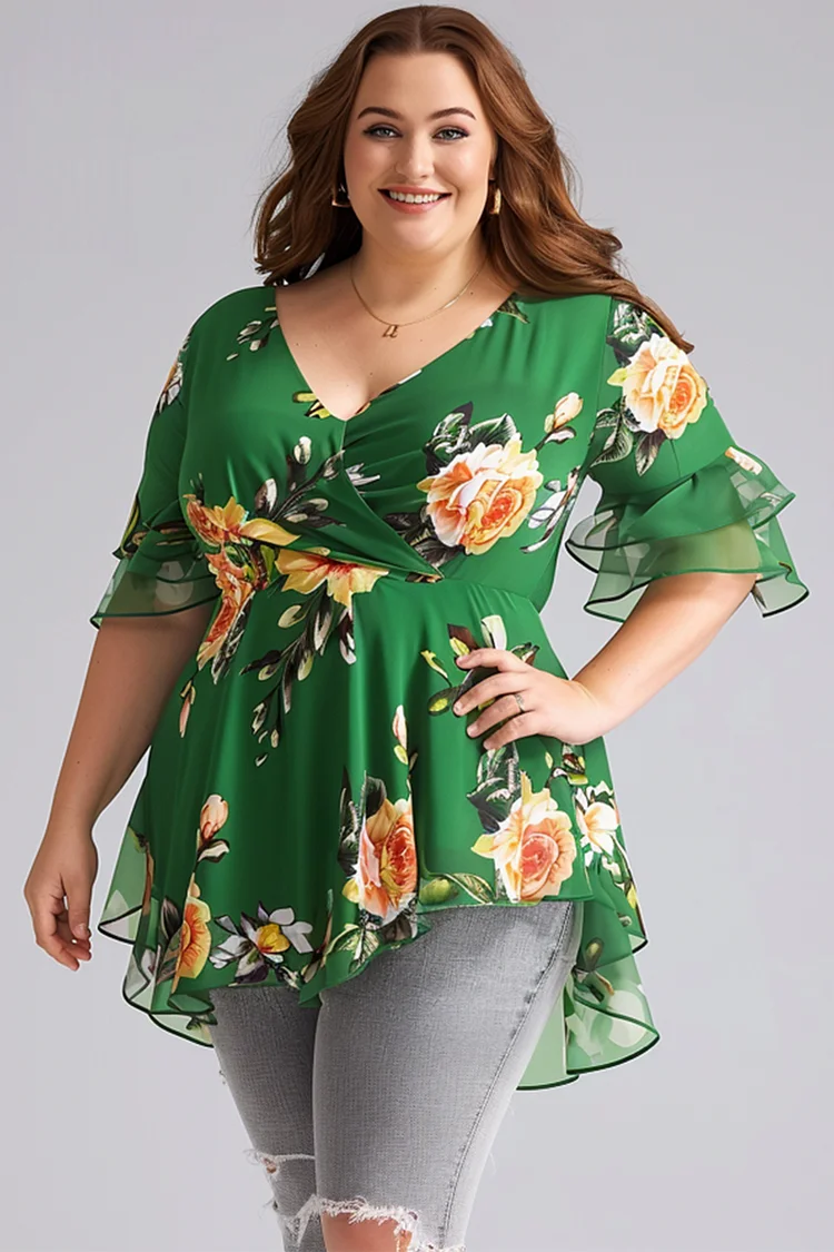 Flycurvy Plus Size Everyday Green Floral Print High Low Hem Tunic Ruffled Blouse  Flycurvy [product_label]
