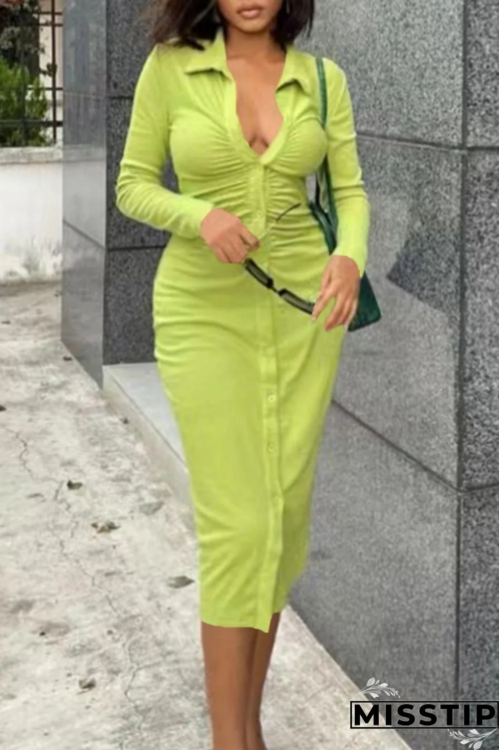 Light Green Casual Solid Fold Turndown Collar Long Sleeve Dresses