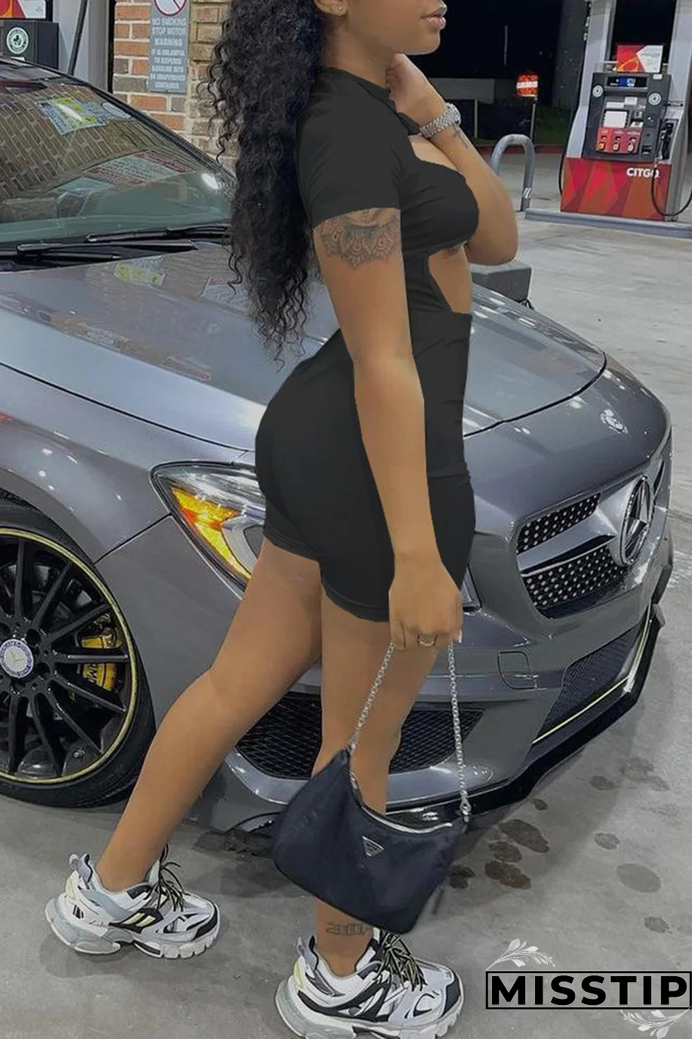 Khaki Sexy Solid Hollowed Out Half A Turtleneck Short Sleeve Two Pieces