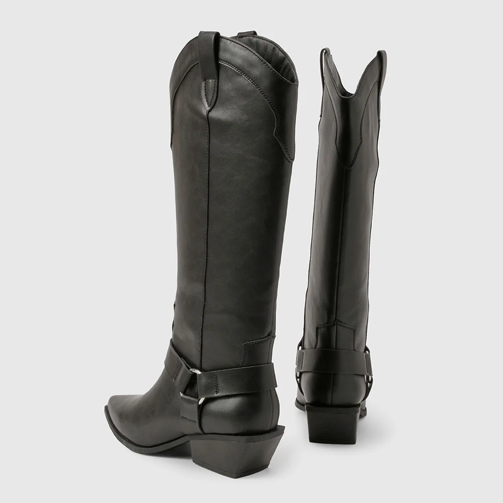 Pointed Toe Decorative Strap Stitching Knee High Cowgirl Boots in Black
