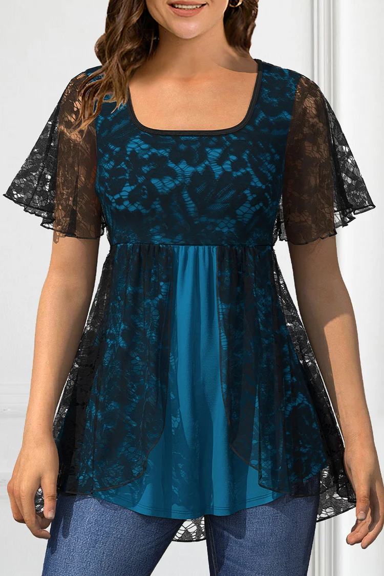 Flycurvy Plus Size Dressy Blue Lace Double Layered Square Neck Tunic Blouse