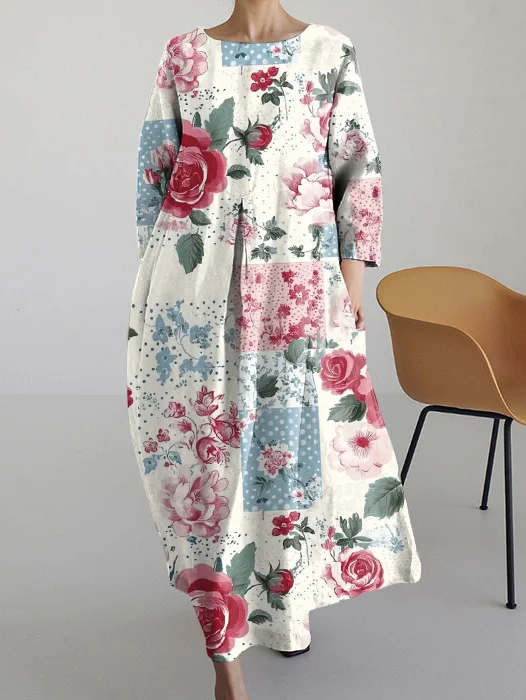 Retro Artistic Floral Long Sleeve Loose Midi Dress
