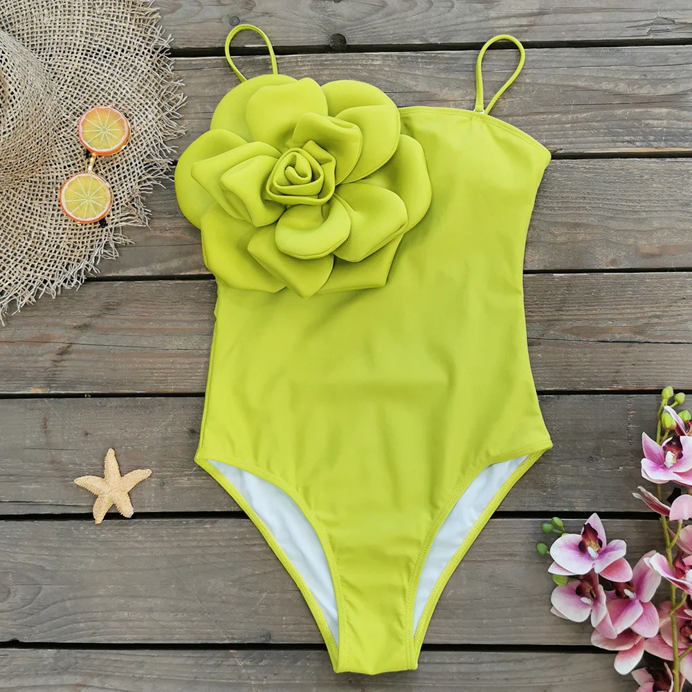 Uveng Solid Color Slings With Breast-Wear Three-Dimensional Flower Sleeves In A Row Swimsuit Women's 2025 New Swimwear