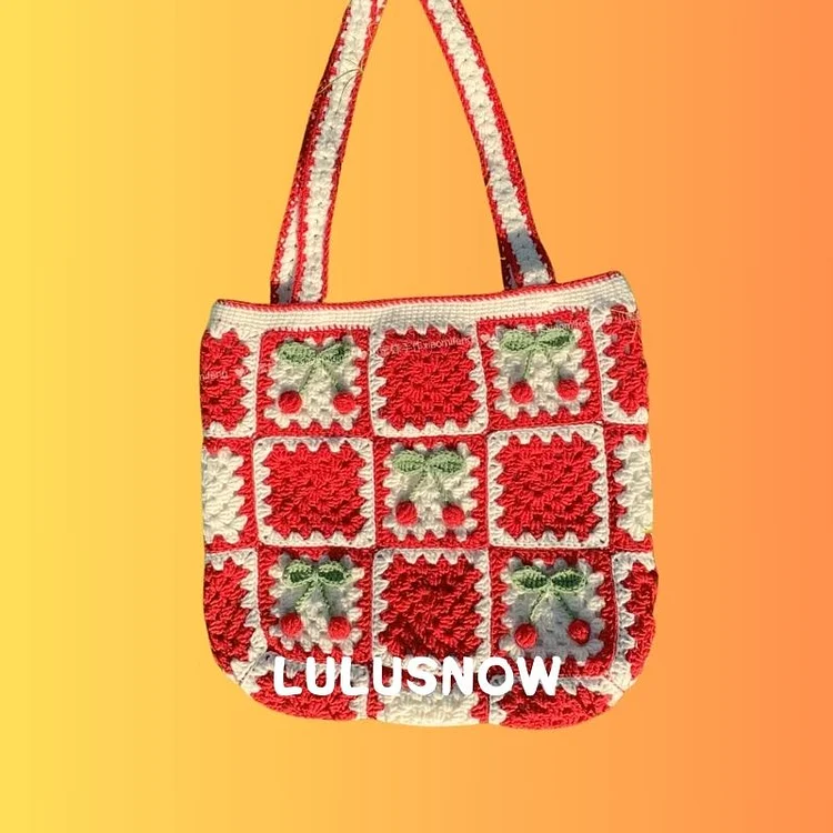 Lulusnow Handmade Classic Red White 3D Cheery Granny Square Crochet Tote Bag Shoulder Bag  Gift Christmas/Valentine's/Easter