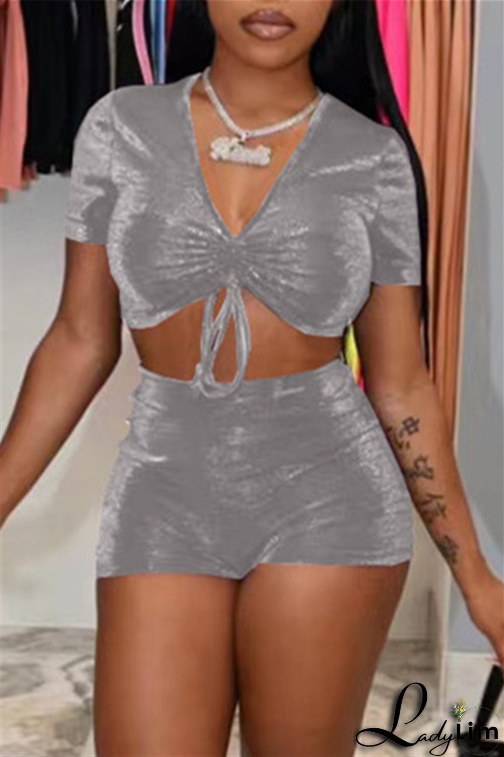 Purple Fashion Casual Solid Draw String Frenulum V Neck Short Sleeve Two Pieces