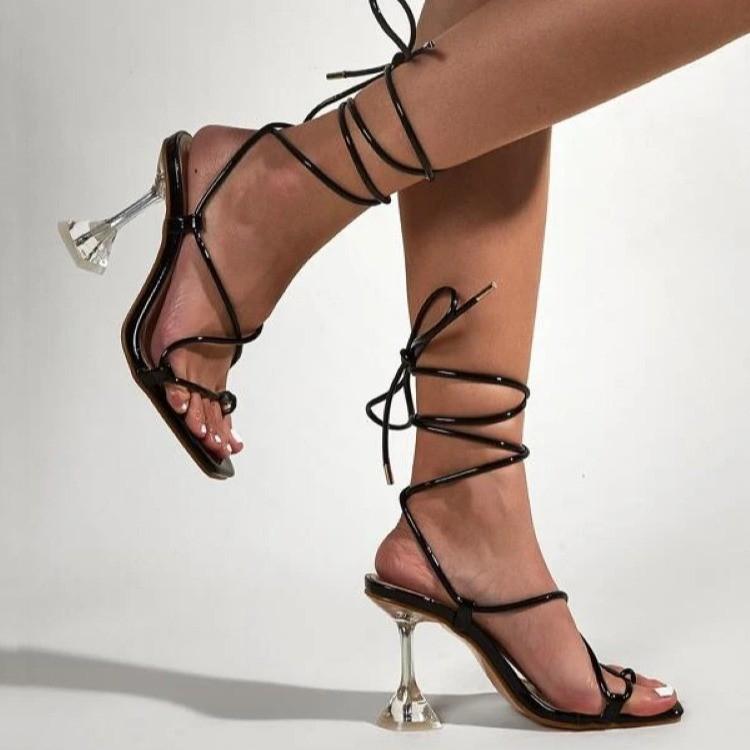 Women sexy ankle tie-up wine cup high heels for party