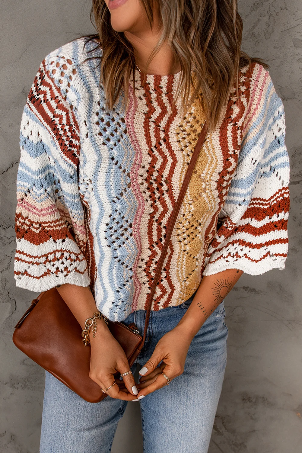 Multicolor Stripe Knit Hollow Out Drop Shoulder Sweater | IFYHOME