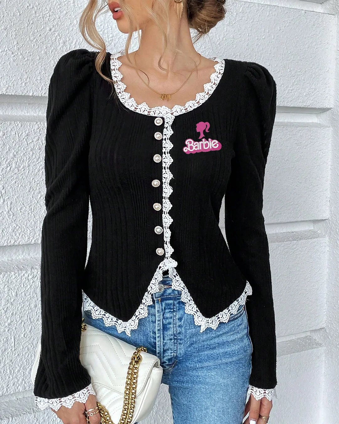 Barbie Girl Embroidery Guipure Lace Trim Puff Sleeve Button Top