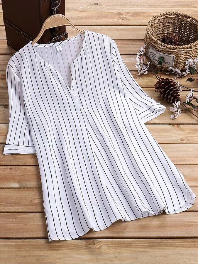Women's Vertical Striped V-Neck Casual Shirt