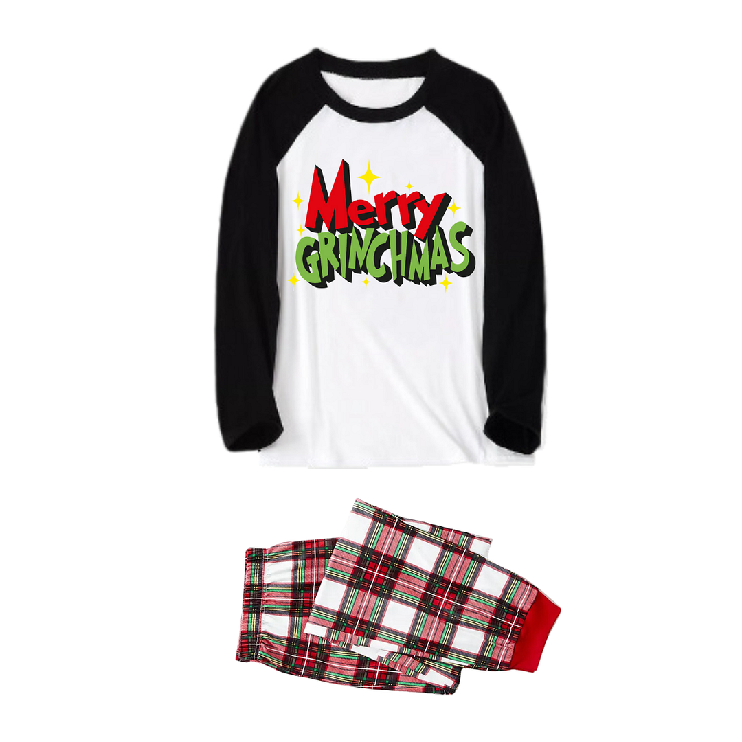 Christmas Merry Grinchmas Letter Printed Contrast Black Sleeve White Top with Red & White &Green Plaid Pants Family Matching Pajamas