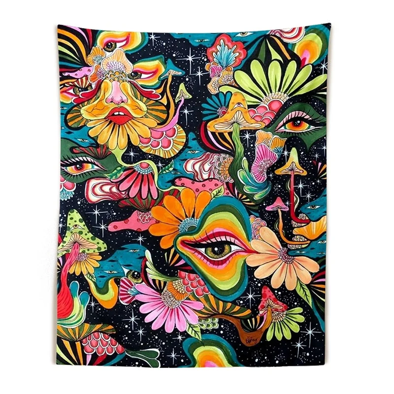 Psychedelic Mushroom Tapestry Wall Hanging Botanical Celestial Floral Tapestry Hippie Eye Wall Carpets Dorm Decor Starry Carpet