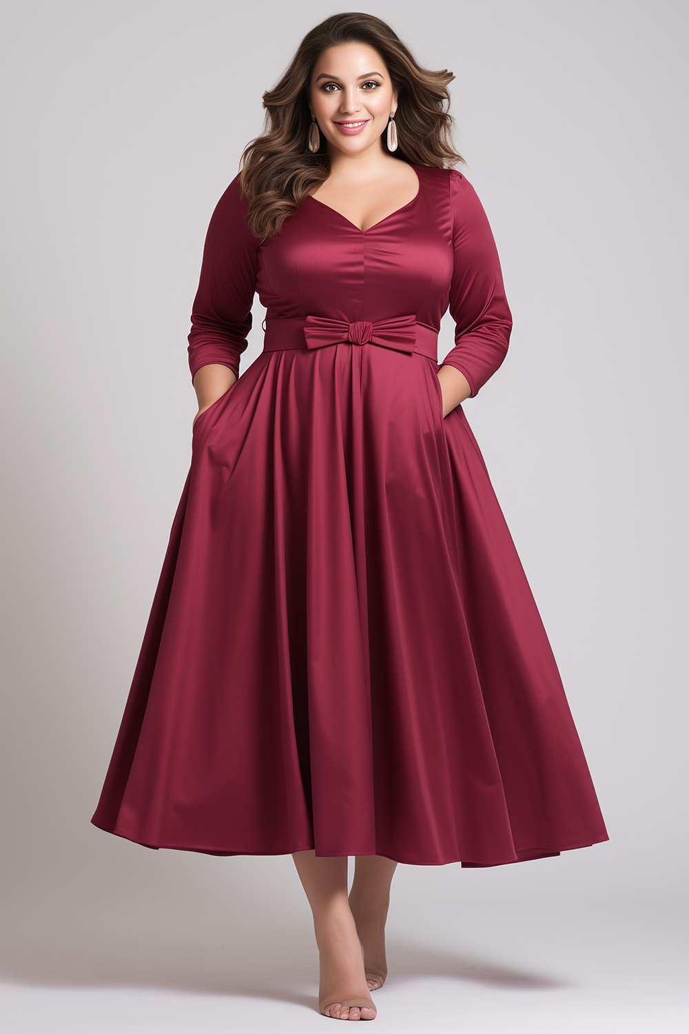 Flycurvy Plus Size Wedding Guest Red Satin Bow Pocket Long Sleeve Tea-Length Dress