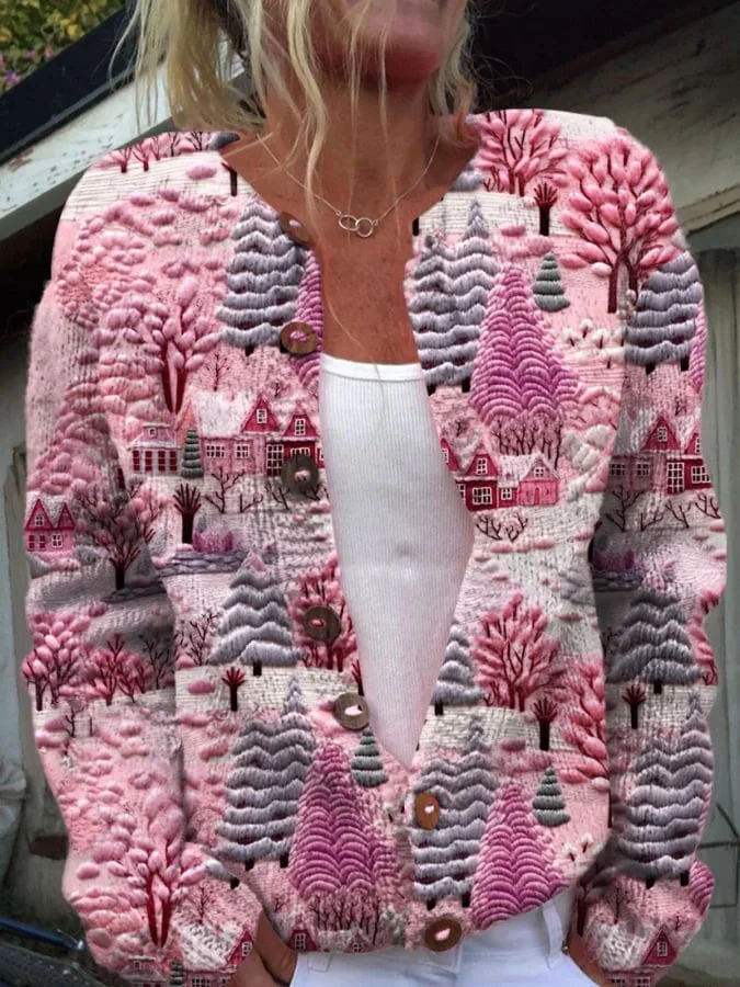 Women's Christmas Tree Print Knitted Cardigan