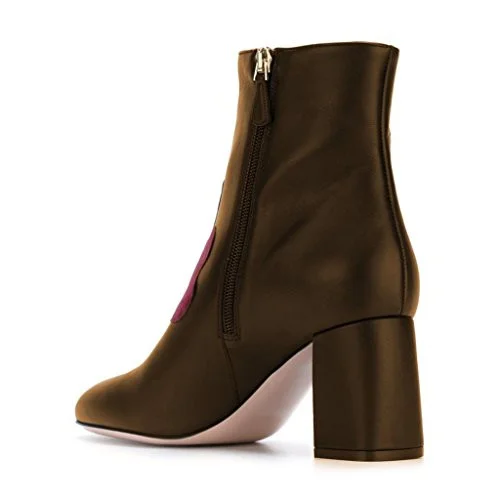 Brown Short Boots Flower Block Heel Fashion Ankle Boots US Size 3-15 |FSJ Shoes